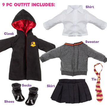 9pc Hermione Granger Inspired Outfit- 18" Doll Clothes & Accessories Compatible w American Girl Dolls- School Uniform Set Includes Shirt, Skirt