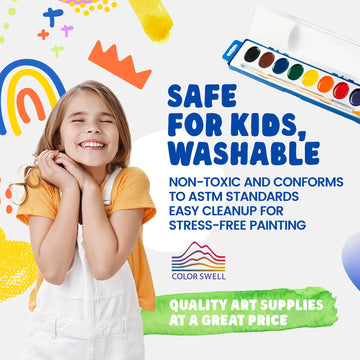 Color Swell Washable Bulk Watercolors, 18 pack, 8 Colors, Wood Brush, Classroom Bulk Pack - Bulk Watercolors