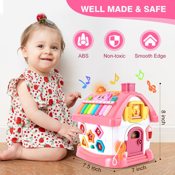 Toddler Girl Toys for 1 Year Old, Montessori Toys for 1 Year Old Girl Birthday Gift, 8 In 1 Pink Baby Musical Learning House with Sound Light Music