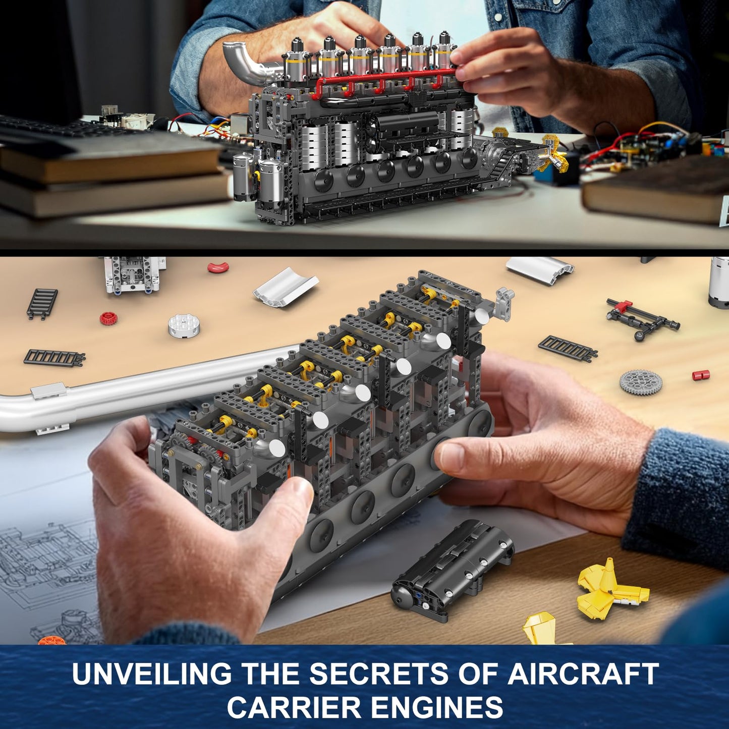 Mould King 10209 Aircraft Carrier Engine Building Blocks Set, Inline 6-Cylinder Military Aviation Carrier Engine Model Kit, Collectible Construction