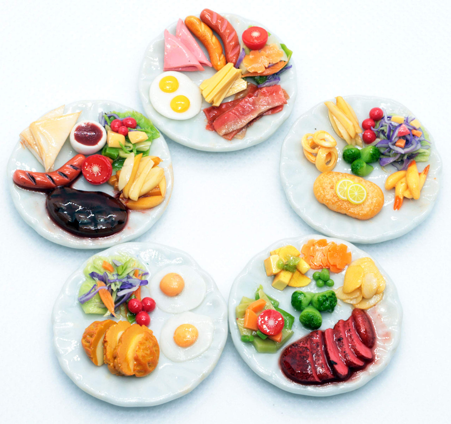 Miniature Dollhouse Food Set Handmade, 5 Realistic Meal Plates, Air Dry Clay Mini Food Accessories, 1:6 Scale Kitchen Decor, 1.3 Inch Ceramic Plates