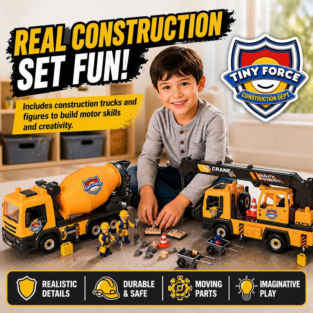 Tiny Force Toy Construction Truck Toys for Kids Ages 4-12 Cement Mixer, Construction Trucks & Toy Trucks for Toddler Boy Toys, Cool Toys for Boys