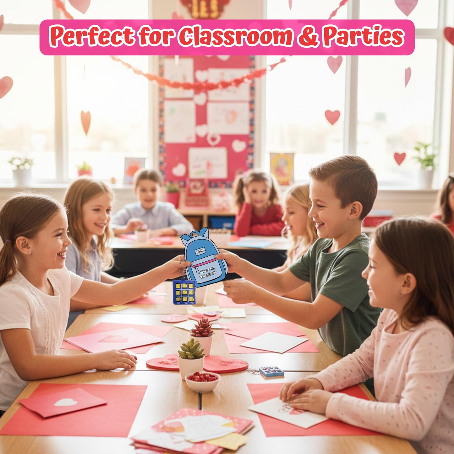 4E's Novelty 24 Pack Classroom Valentine Cards with Tic Tac Toe Keychains Games, Bulk Valentines Day Cards & Gifts for Kids School Valentines