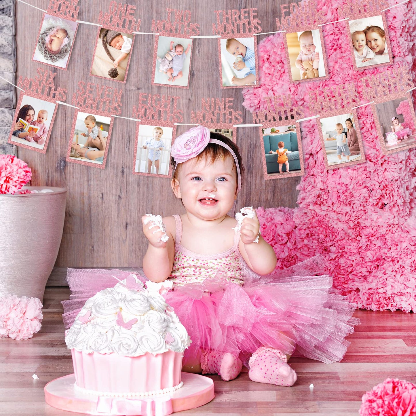 Whaline 1st Birthday Baby Photo Banner for Newborn to 12 Months, Monthly Milestone Photograph Bunting Garland, First Birthday Celebration Decoration