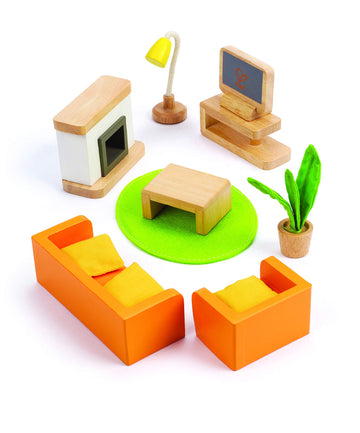Hape Wooden Doll House Furniture Media Room Set| Pretend Playset for Kid’s Wooden Dollhouse