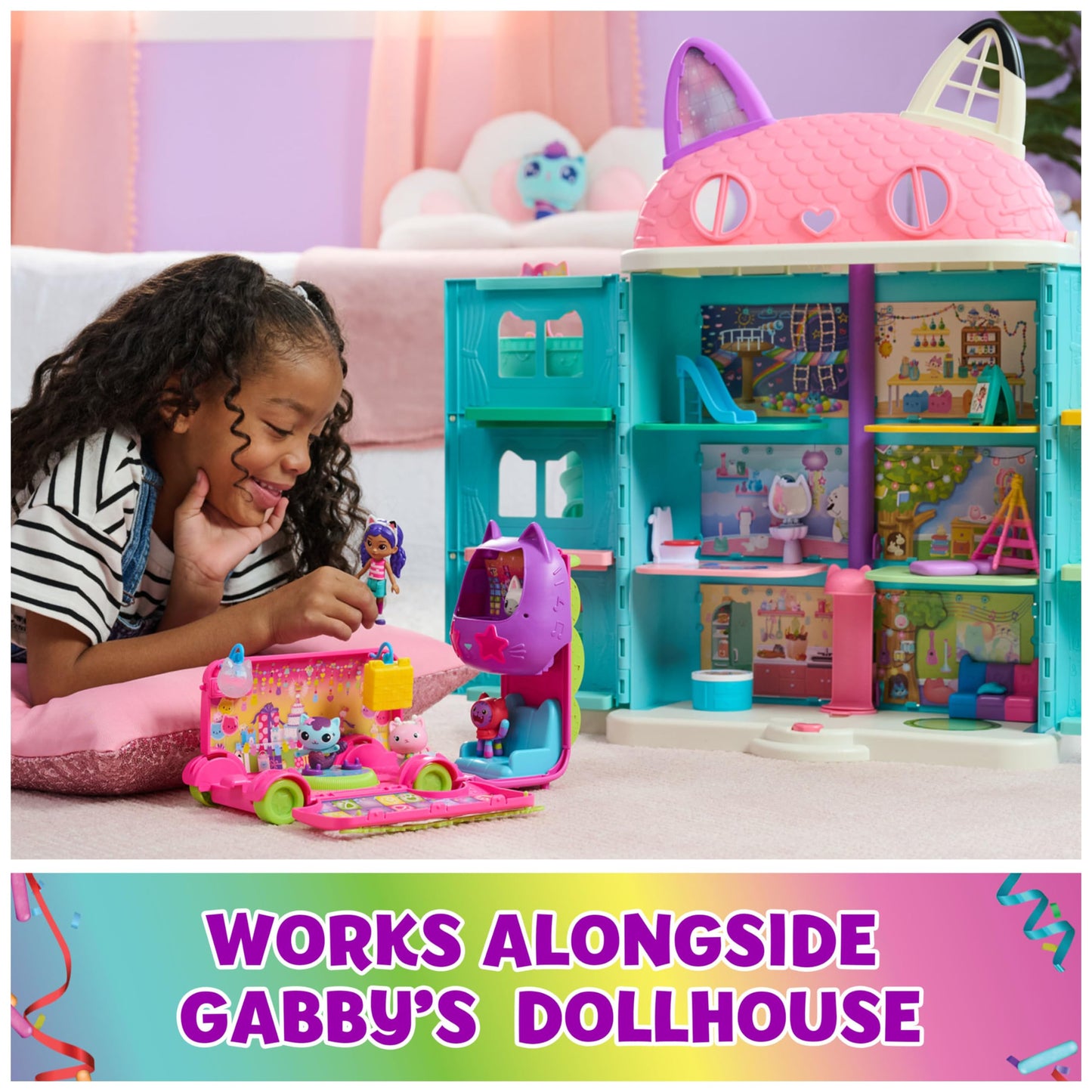 DreamWorks GABBY'S Dollhouse Celebration Party Bus, Transforming Playset with Gabby & DJ Catnip Toy Figures & Dollhouse Accessories, Kids Toys