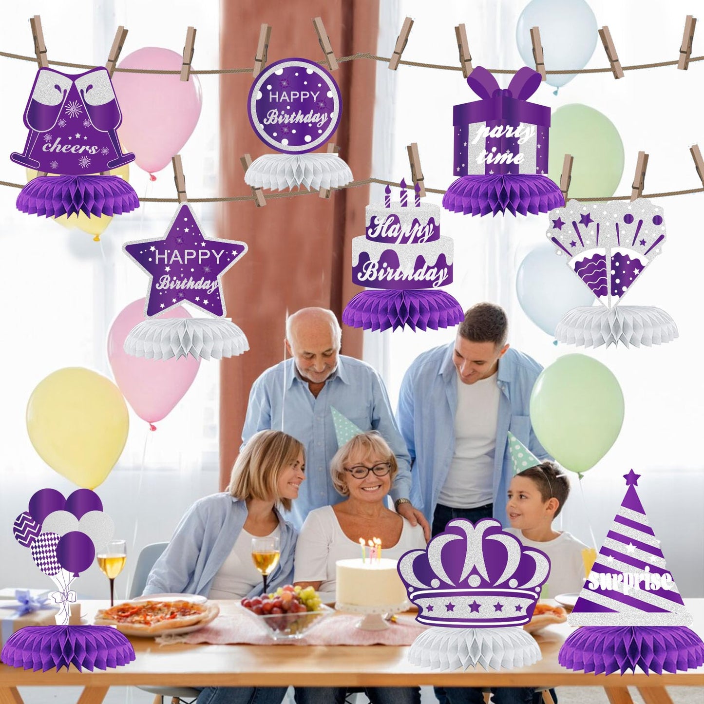 WINPOGEE 9PCS Purple Silver Happy Birthday Decorations Honeycomb Centerpieces for Women Men