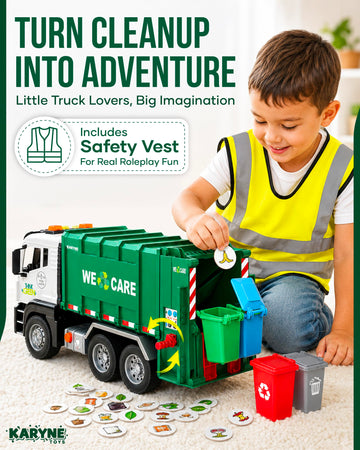 KARYNE TOYS Garbage Truck Toys for Toddlers 1-3+ Age, Includes Safety Vest, 4 Trash Bins, 40 Learning Cards with Lights & Sounds, Trash Truck Toy Set