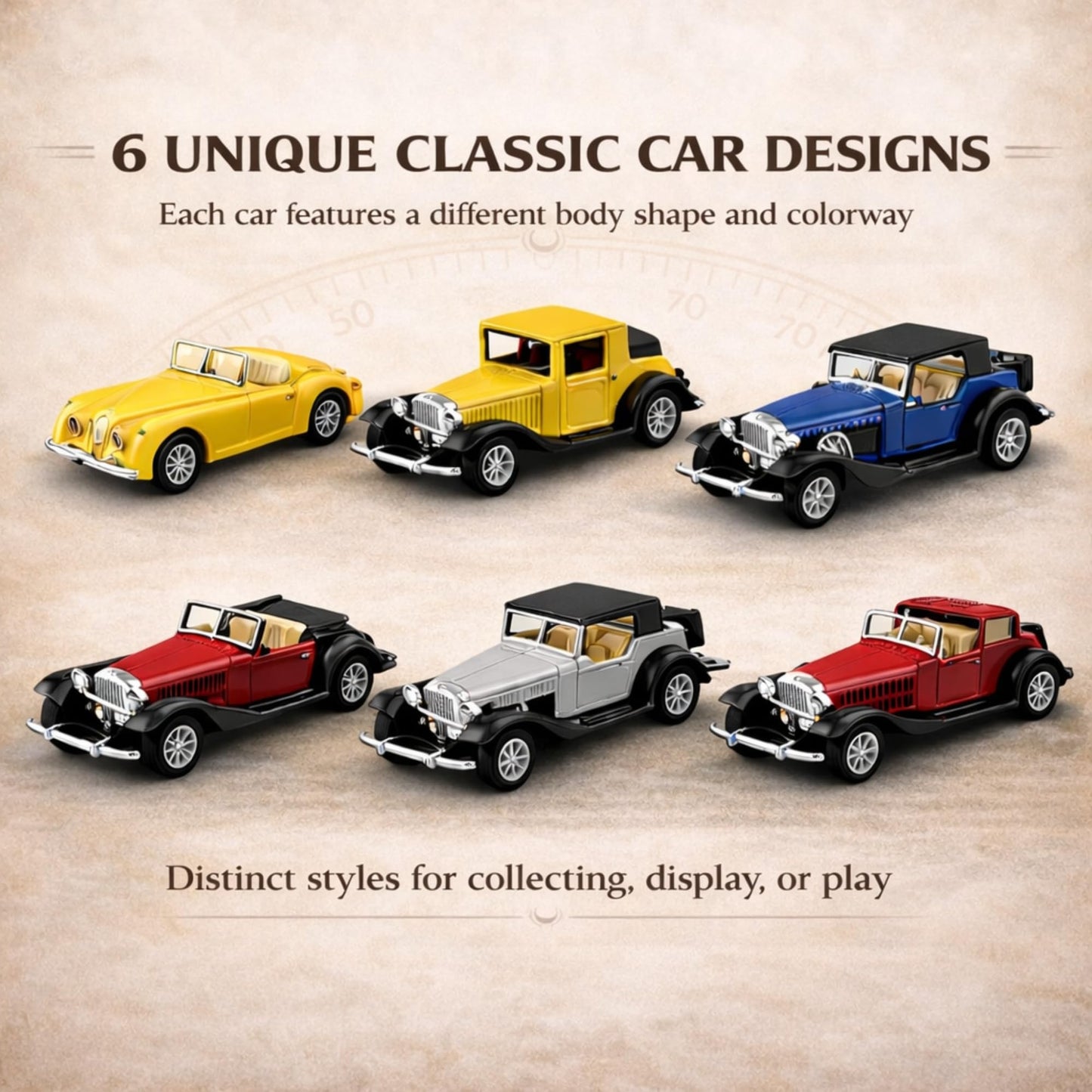 6 Pack - Diecast Cars Antique Classic American Vehicles with Pullback Action and Openable Doors, Collectible Vintage Retro Model Cars Toy for Display