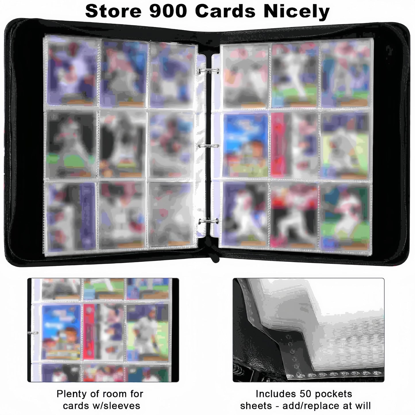 9-Pocket 3-Ring Trading Card Binder - Includes 50 Double-Sided Sleeves, Holds 900 Cards, Zippered Cute Card Holder for Boys & Girls Collectors