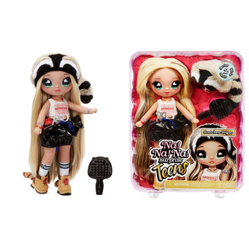 Na Na Na Surprise Teens 11" Fashion Doll Gretchen Stripes, Soft, Poseable, Blonde Hair, Cute Animal-inspired Raccoon Hat Outfit & Accessories, Gift