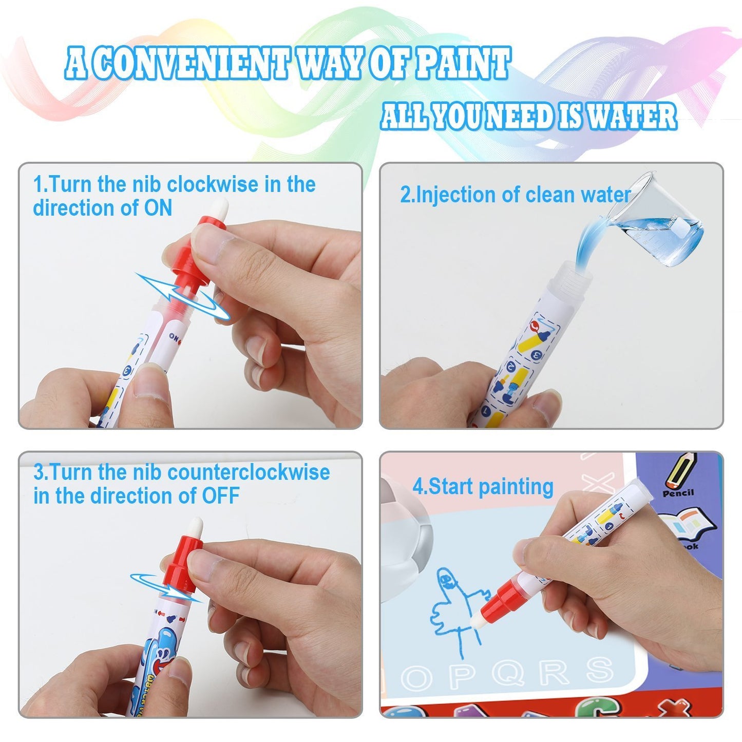 Alago Aqua Coloring Mat,Kids Toys Large Water Painting Mat,Toddlers Doodle Pad with 4 Colors,Gifts for Girls Boys Age 3 4 5+ Years Old,4 Pens,Drawing