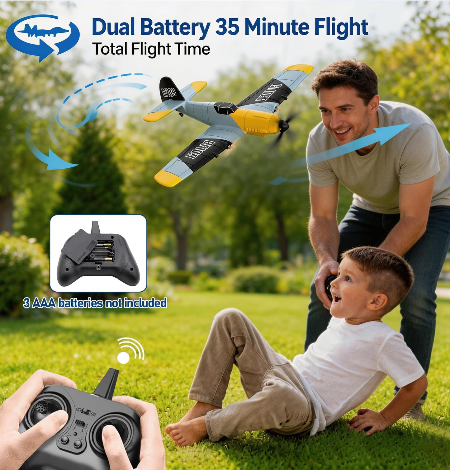 Toileum RC Plane, 3 Channel Remote Control Airplane, 6-axis Gyro Stabilizer BF-109 RTF RC Airplane with 2 Batteries, Easy to Fly for Beginners Adults