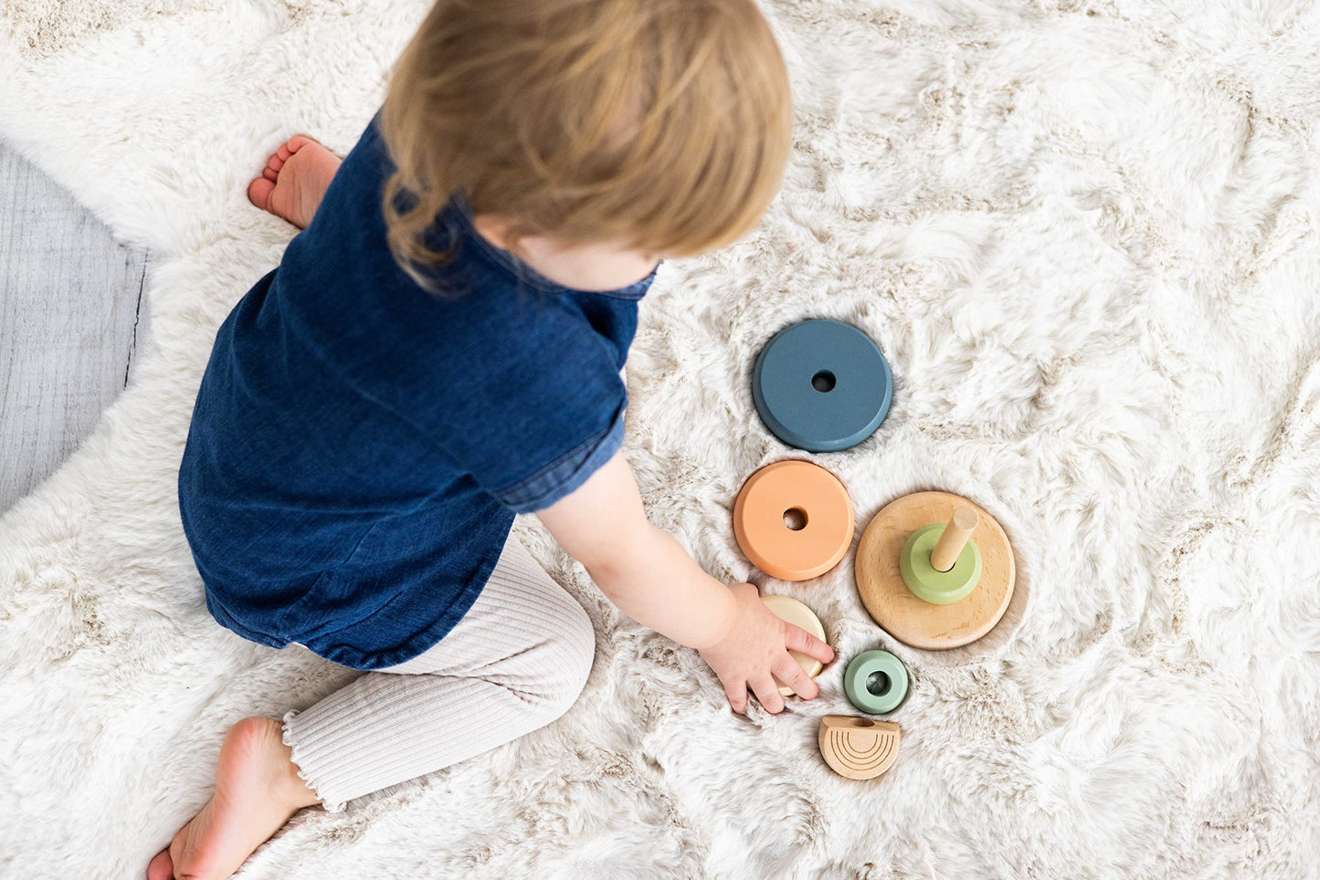 Pearhead Wooden Rainbow Stacking Ring Toy, Montessori Baby Stacker