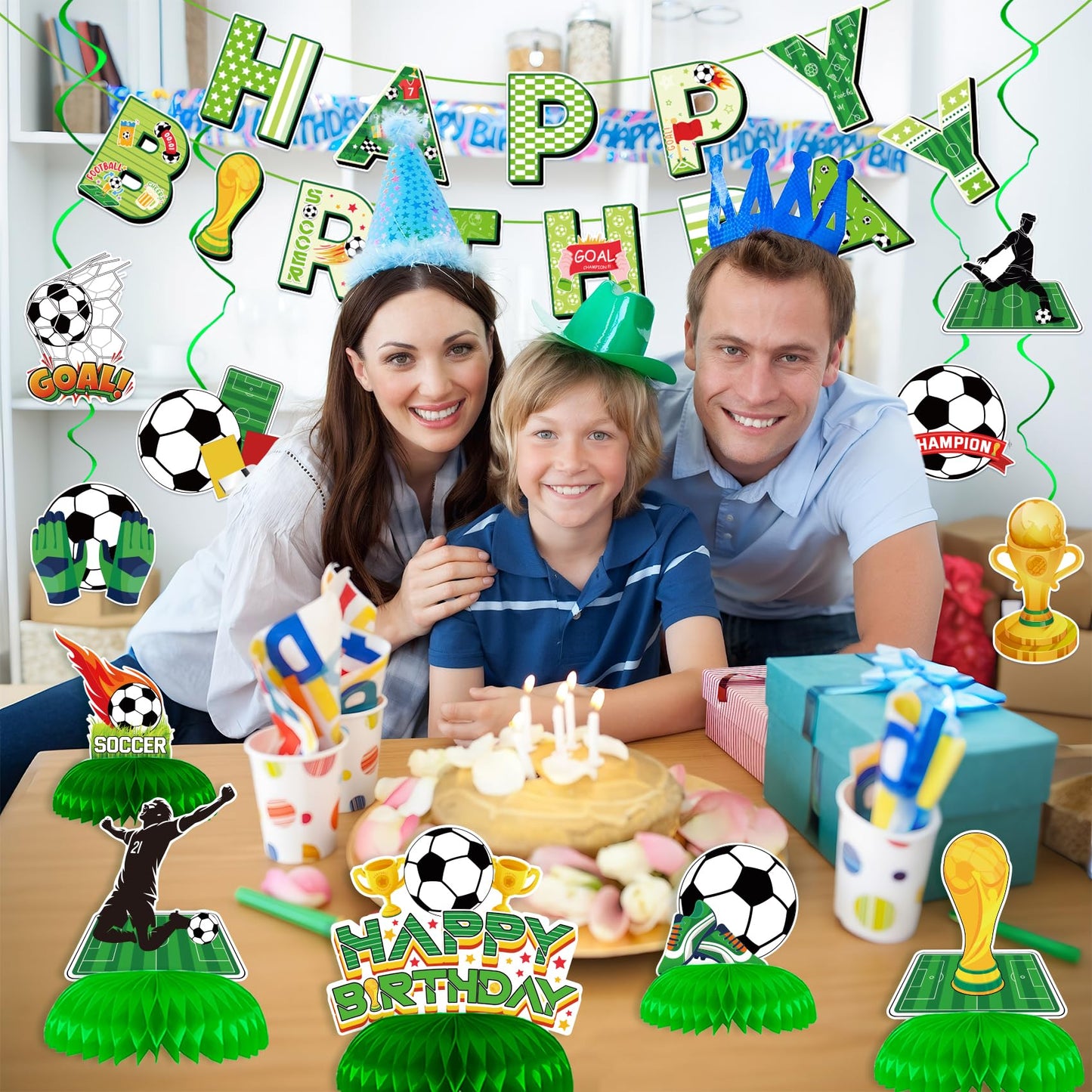 Soccer Birthday Party Decorations - Soccer Party Decorations Includes Happy Birthday Banner Soccer Hanging Swirls Honeycomb Centerpieces for Girls