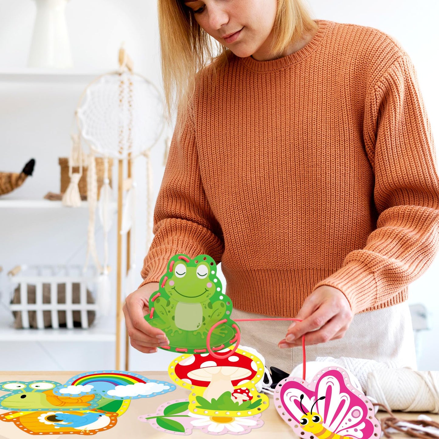 Springtime Lacing Cards for Kids 12 Packs Sewing Kits Rainbow Flower Butterfly Cardboard Sewing Cards Lacing Games for Developing Imagination School