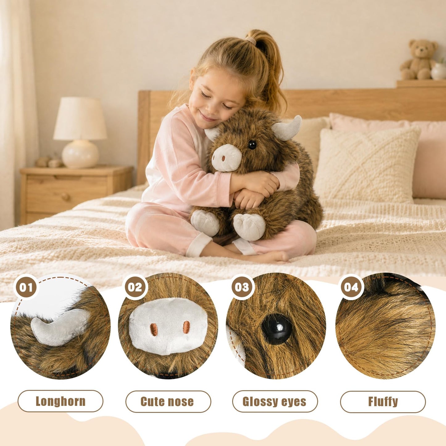 FSUGT Highland Cow Stuffed Animals Toy?Highland Cow Plush for Soft Comfort Fluffy?Farm Animal Cattle Plush Decor Gifts for Kid Boy Girl& Adult (Brown
