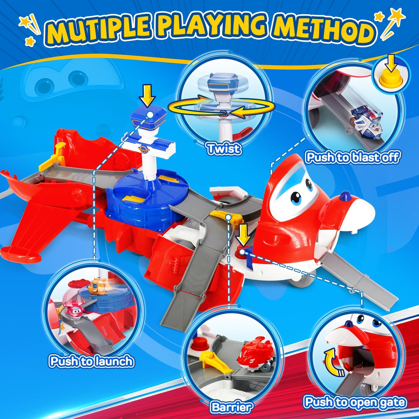 Super Wings Jett's Takeoff Tower 2-in-1 Airplane Toys Playset with 2" Jett Mini Figure Transform-a-Robots, Toys for Preschool Kids, Gifts for Boys