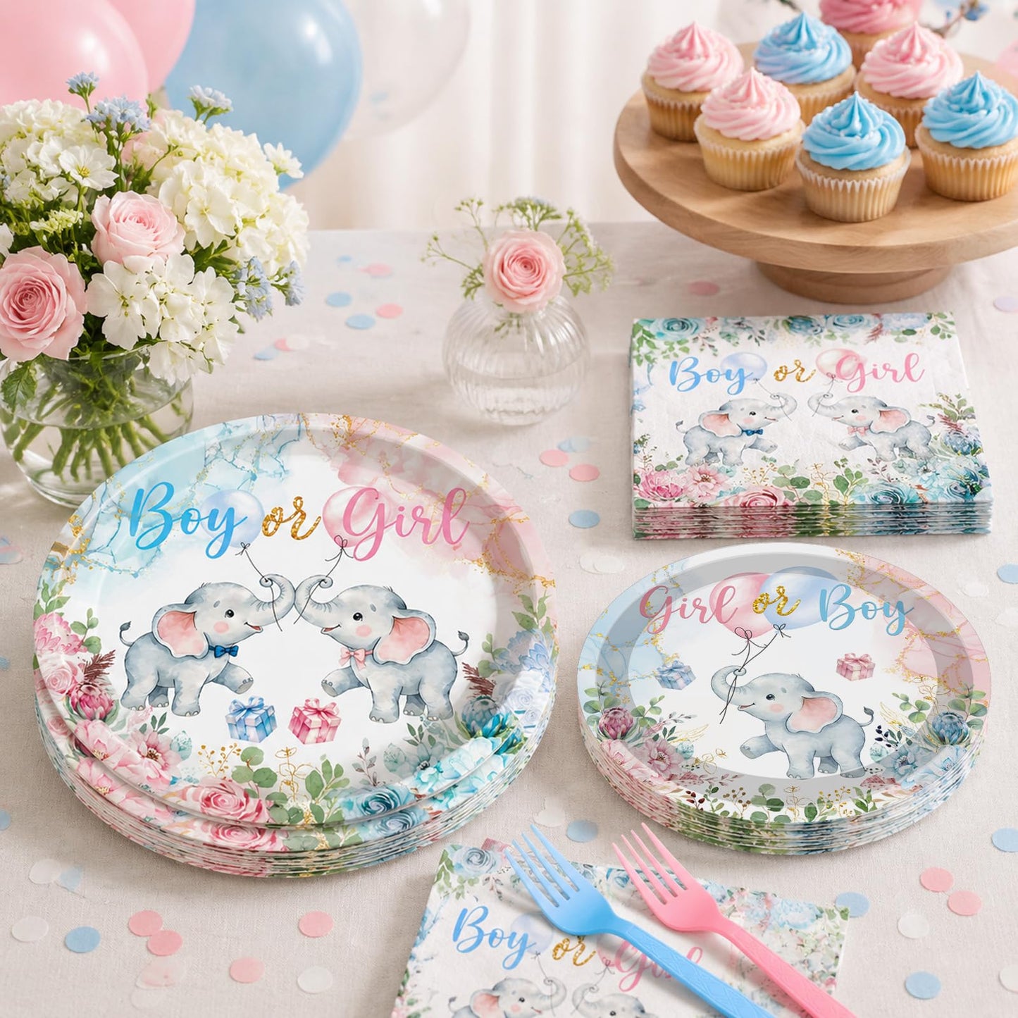 100 Pcs Elephant Gender Reveal Tableware Set, Serves 25, Disposable Boy or Girl Design Paper Plates, Napkins, and Pink Blue Plastic Forks, Baby Shower