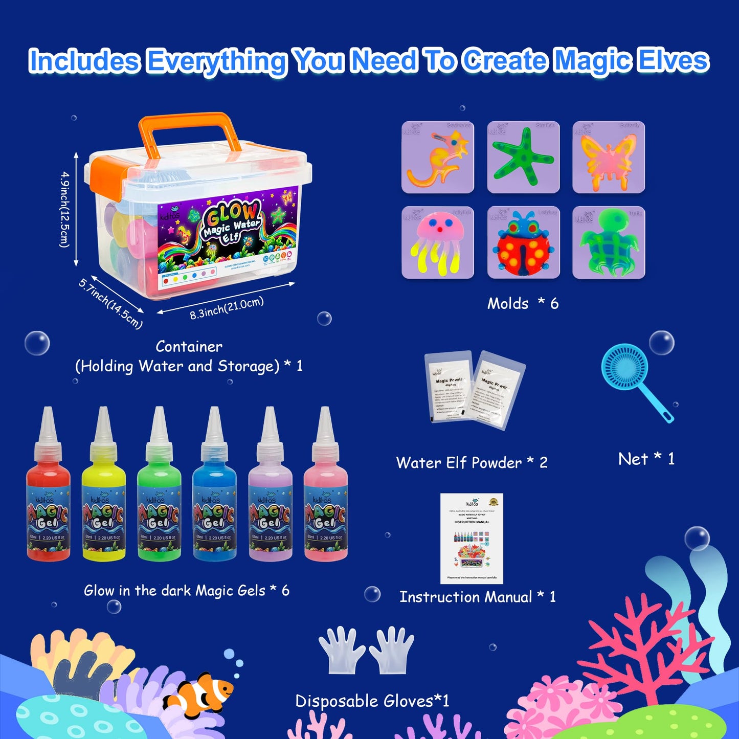 Kiditos Magic Water Elf Toy Kit Glow in the Dark - Make Your Own Water Pets, 6 Magic Gels & 6 Molds, Kids DIY Sensory Craft Kit, STEM Science Toy