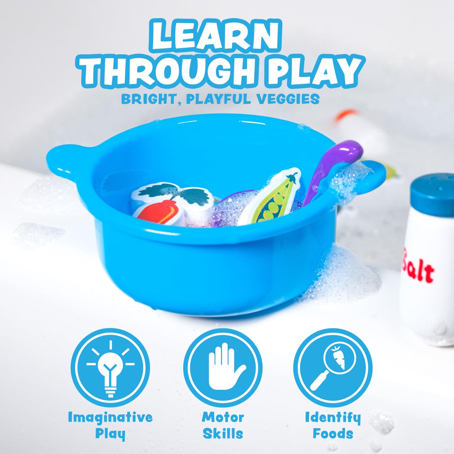 Tub Works® Tub Soup™ Scoop, Strain & Play Toddler Bath Toy | Floating Foam Veggies, Ladle for Scooping & Soup Pot for Straining | Pretend Play Cooking