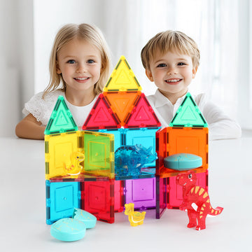 PicassoTiles Magnetic Tiles Dinosaur Egg Set 4 Dinos with 2 Hatchable Eggs Character Action Figures Accessory for Magnet Tile Building Construction