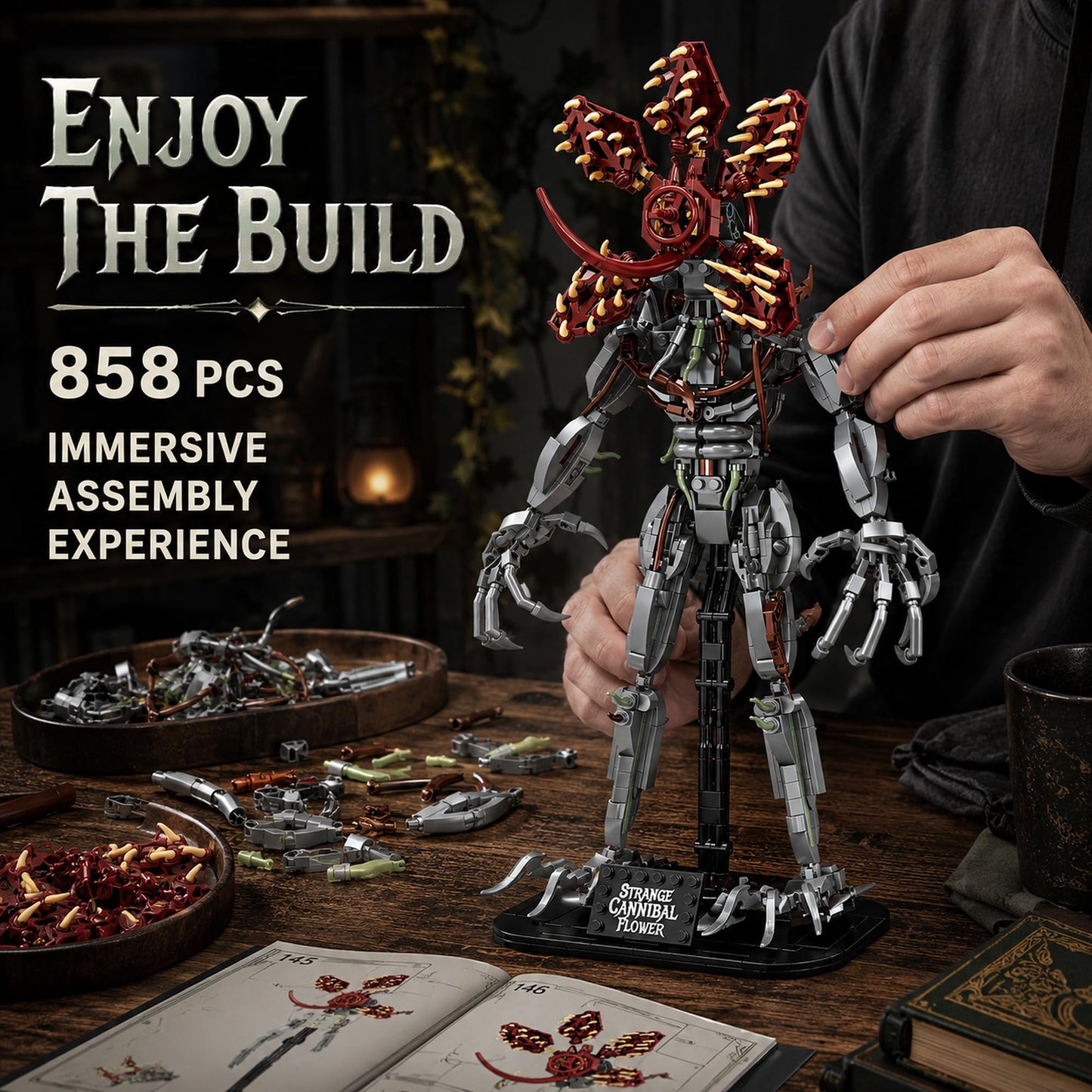 LQPFBSM 2-in-1 Strange Cannibal Flower Building Block Set 858 Pcs Botanical Monster Action Figure for Adults & Teens Sci-Fi Horror Creature Model Kit