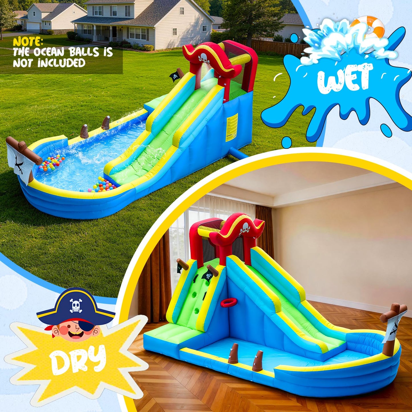 Inflatable Water Slide for Kids, 6 in 1 Inflatable Water Park with Blower, Climbing Wall, Water Gun, Splash Pool, Basketball Hoop, Blow Up Water Slide