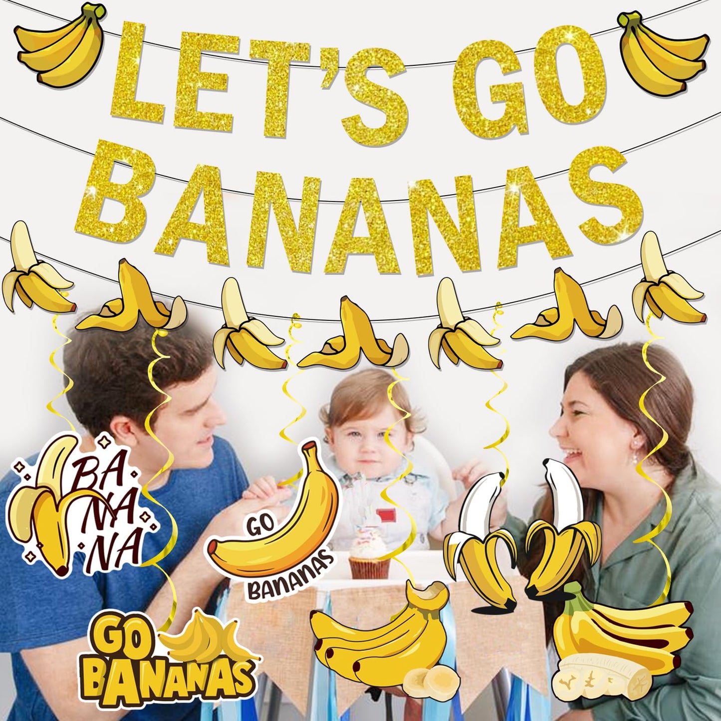 Banana Party Decorations Banana Birthday Decorations Let's Go Bananas Banner Hanging Swirls for Fruit Themed Party Decorations