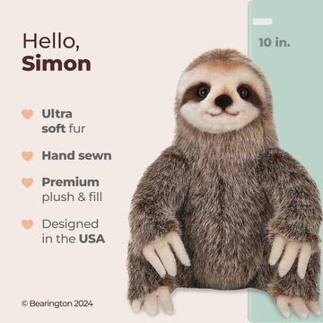 Bearington Simon Plush Three Toed Sloth Stuffed Animal, 10 inches