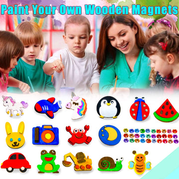 HeyKiddo Paint Your Own Wooden Magnet - Wood Painting Craft Kit for Kids Age 3 4 5 6+ Year Old,Art Painting Kit for Boys & Girls, DIY Birthday