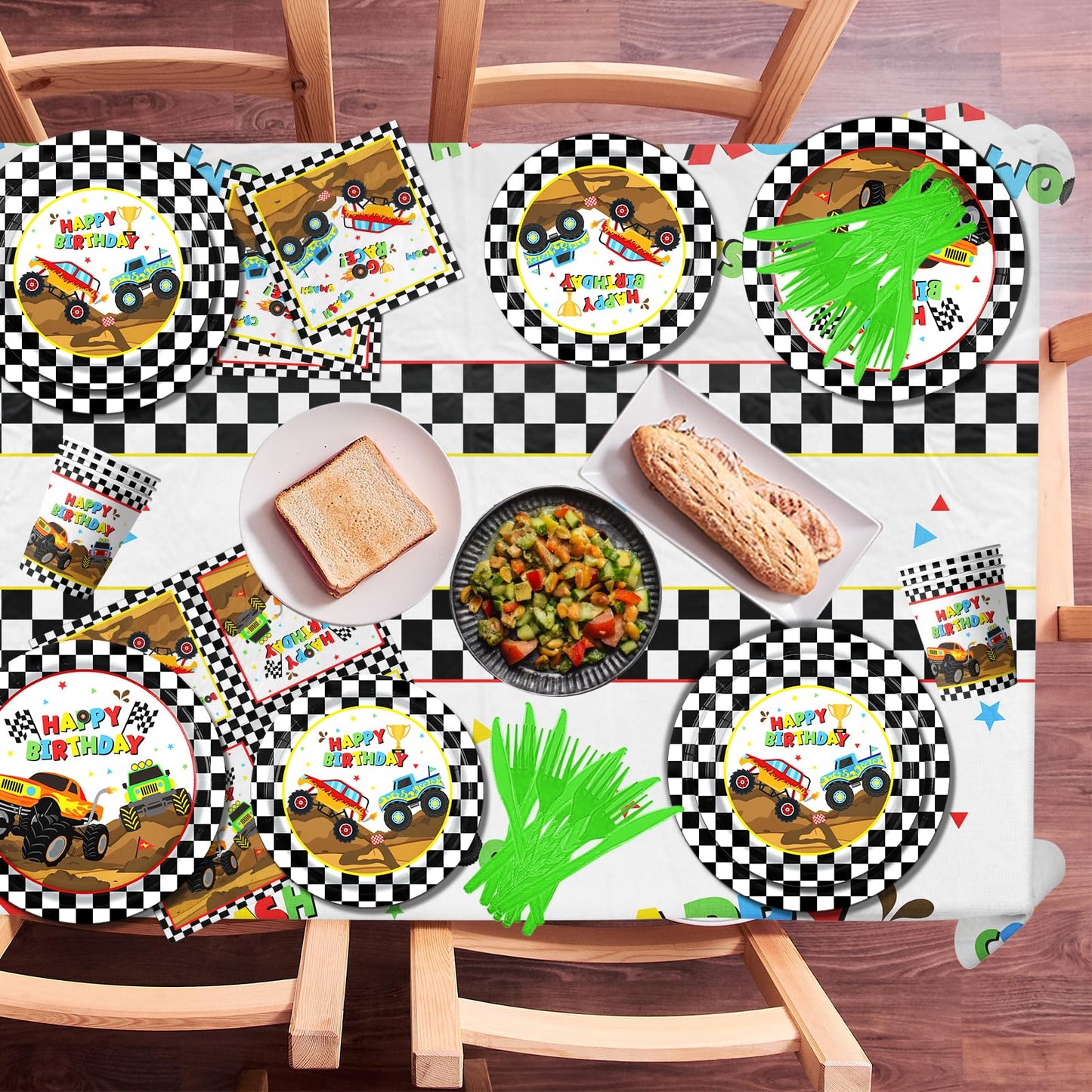 Dydamud Monster Truck Party Supplies,Monster Machine Happy Birthday Checkered Tableware Sets Include Monster Trucks Theme Party Paper Plate Napkins