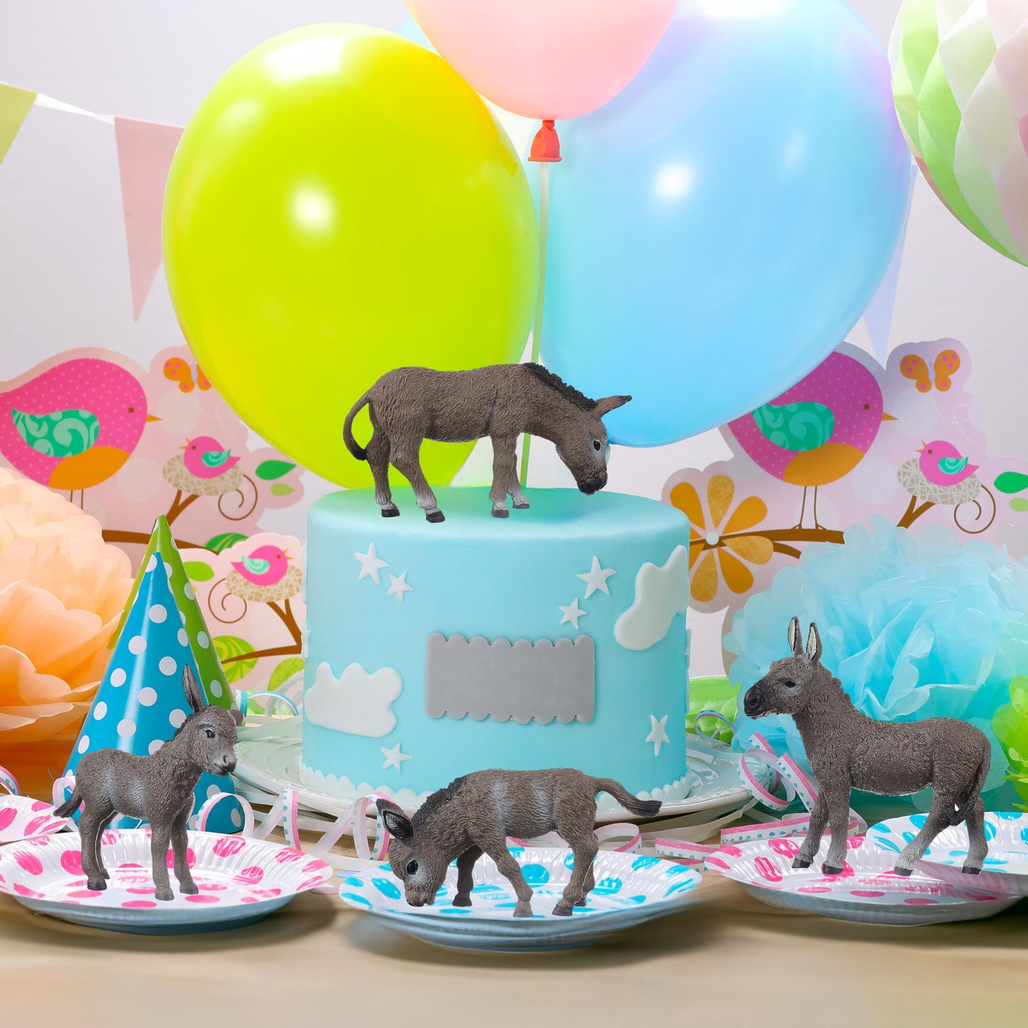 JOKFEICE Animal Figures 4pcs Plastic Gray Donkey Family Animals Action Model Science Project, Learning Educational Toys, Birthday Gift, Cake Topper