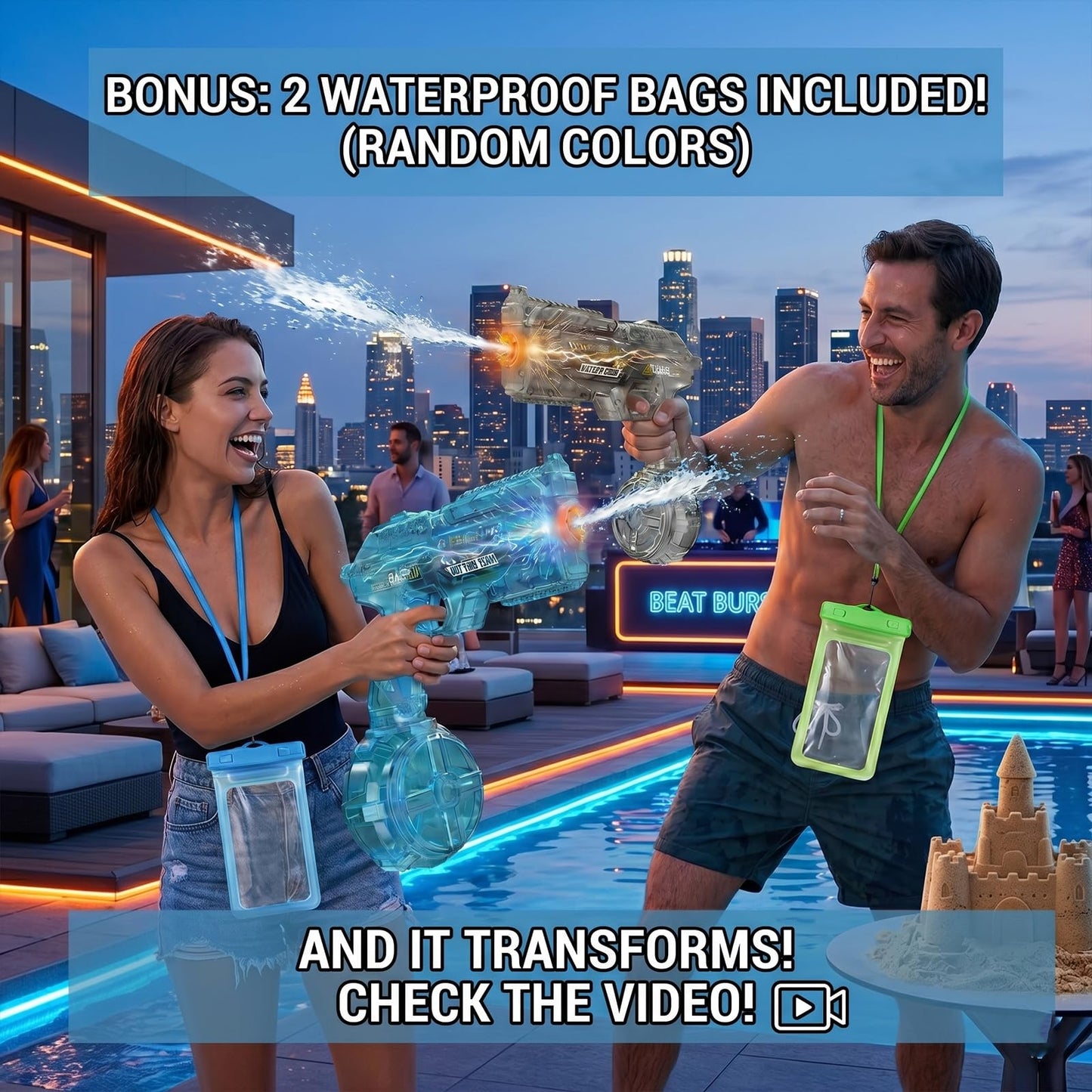BSTHOK Electric Water Guns Water Blaster 2-Pack, Automatic High-Capacity Water Rifle with Drum Magazine & Red Dot Sight, Transparent Pro Squirt Guns