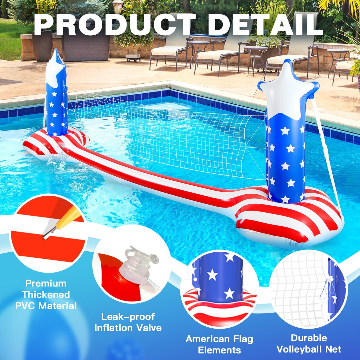 Aotiooy 4th of July Pool Toys Games Set, 2 in 1 Inflatable Volleyball Net & Basketball Hoop, Large Water Floating Volleyball Toy Summer Party for Kids