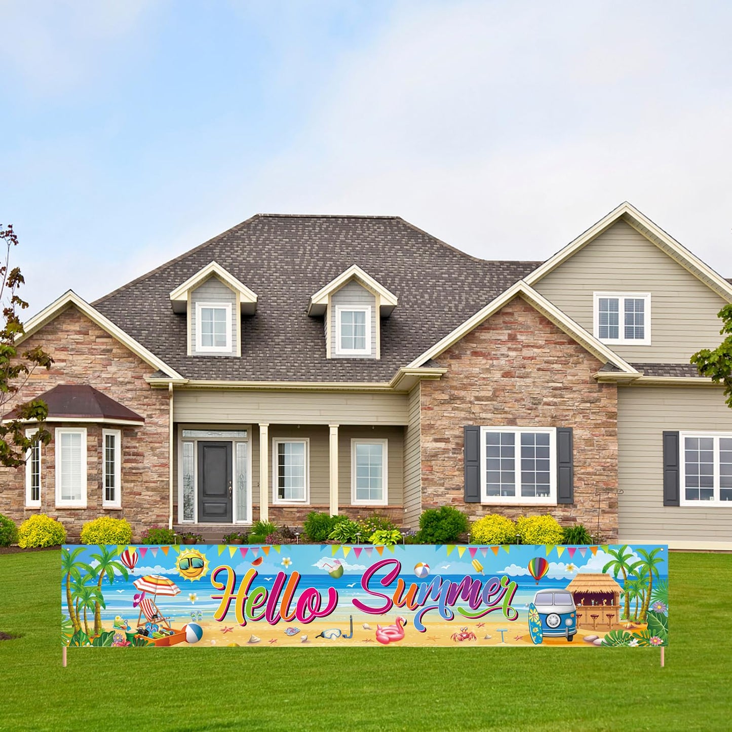 Hello Summer Banner, 118 x 20 Inch Beach Pool Hawaiian Luau Party Decorations for Outdoor Display