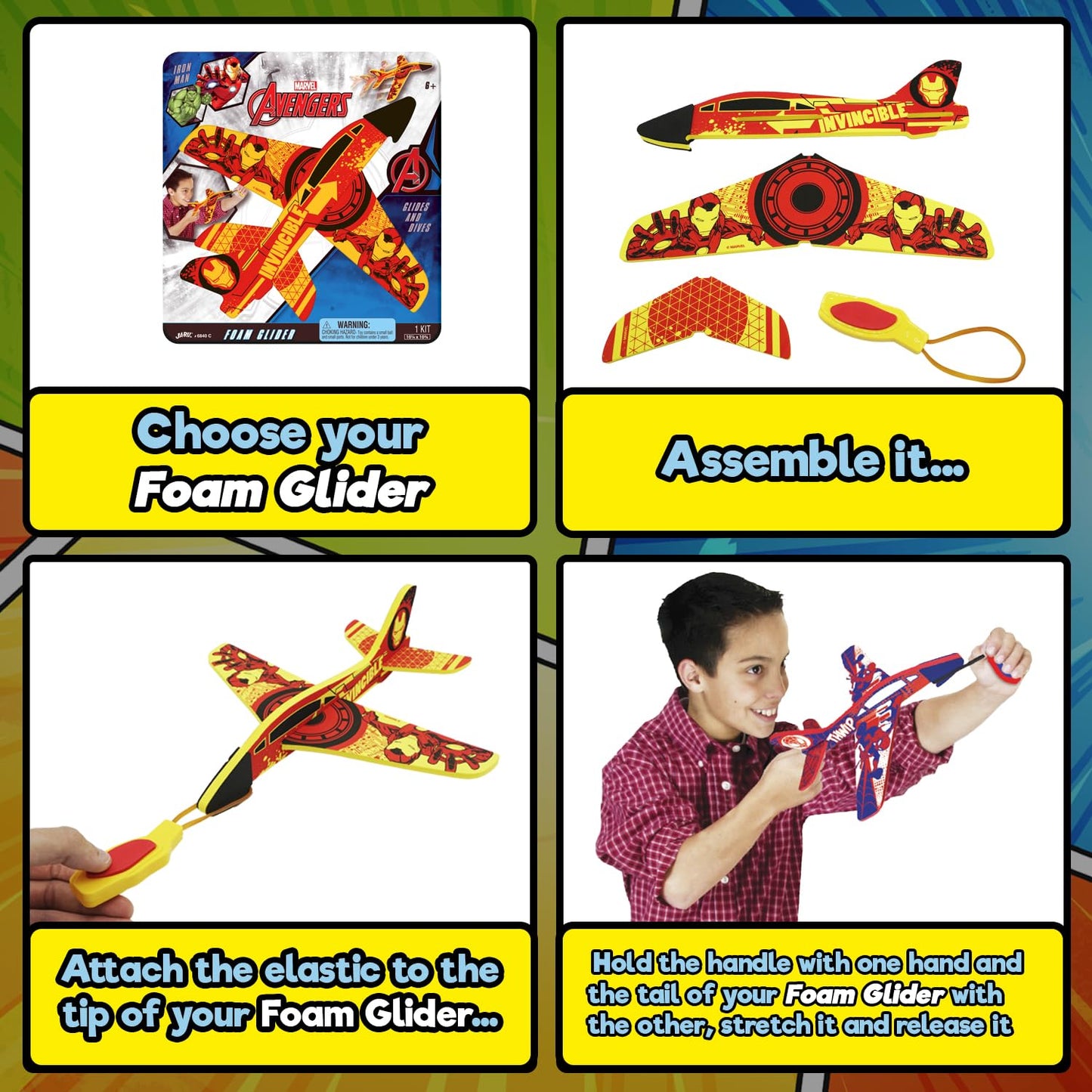 JA-RU Marvel Foam Glider Toy. Launching Airplane Toy For Kids. Glides & Dives High. (Pack of 3) with Spiderman, Hulk, & Iron Man. Classroom Prize, Gag