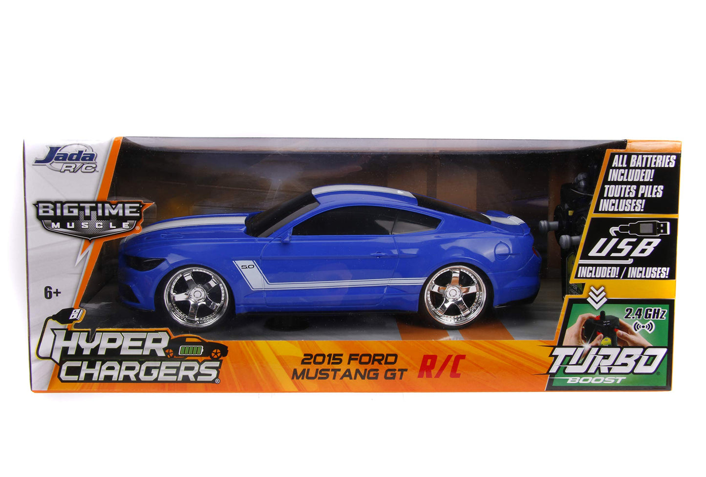 Jada Toys Big Time Muscle Hyperchargers RC - 2015 Ford Mustang Gt, Usb Charging, 2.4 Ghz, Glossy Blue with White Stripes (30723)
