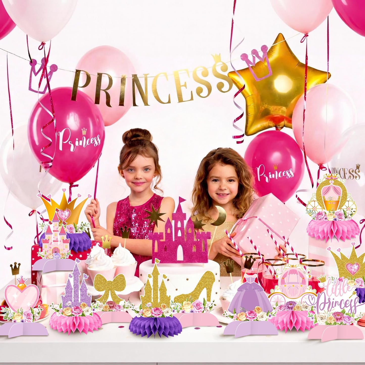 12 Pcs Princess Castle Honeycomb Centerpieces - Little Princess Party Table Decorations with Crowns, Castles, Bows and Hearts for Birthday Party, Baby