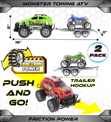 Mozlly Friction Powered Monster Trucks with SUV Towing ATV Trailers - 2 Sets of Monster Truck Toys with Removable Hook Up ATV Towing Trailers Toy