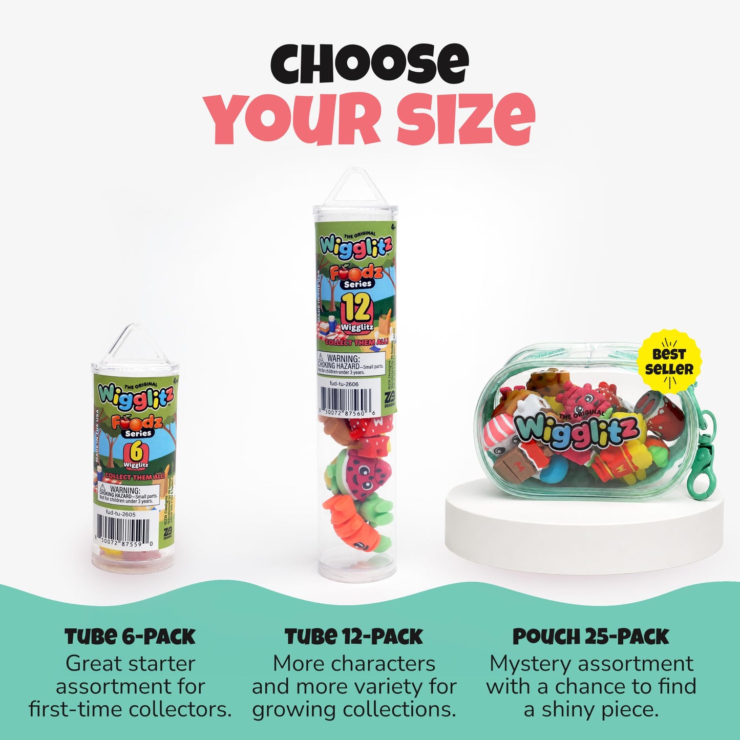 Wigglitz Foodz 25 Pack with Storage Pouch - 25 Collectible Wiggly Fidget Toys - Award-Winning, Plant-Based, Made in USA - Foodz Series Characters for