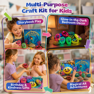 Pinwheel Crafts Glow in the Dark Rock Painting Kit with Interactive AR Storybook - 128pc Arts & Crafts Set for Kids - Augmented Reality Educational