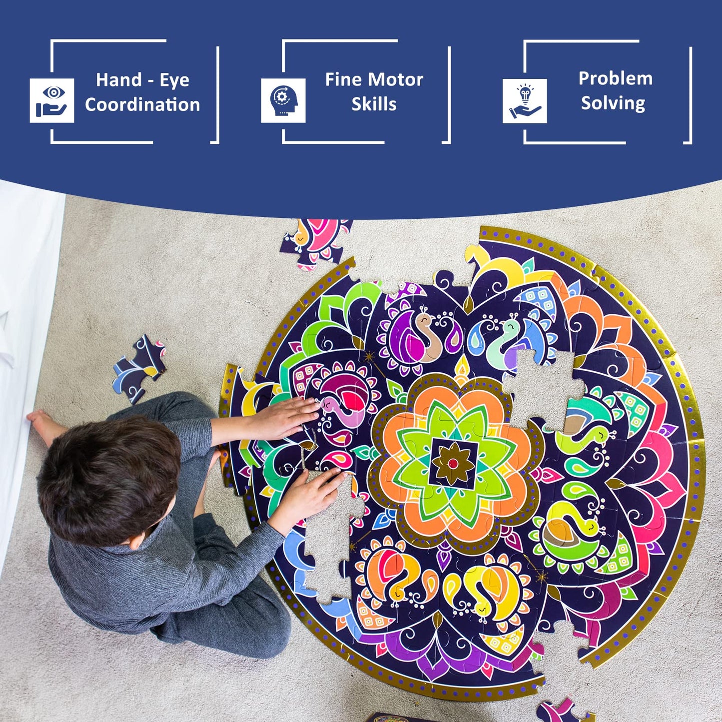 Kulture Khazana Rangoli Mandala Floor Puzzle - 48 Piece Puzzle 32 inches, Colorful Giant Floor Puzzle, Indian Art, Montessori Puzzle, Holi, Festival