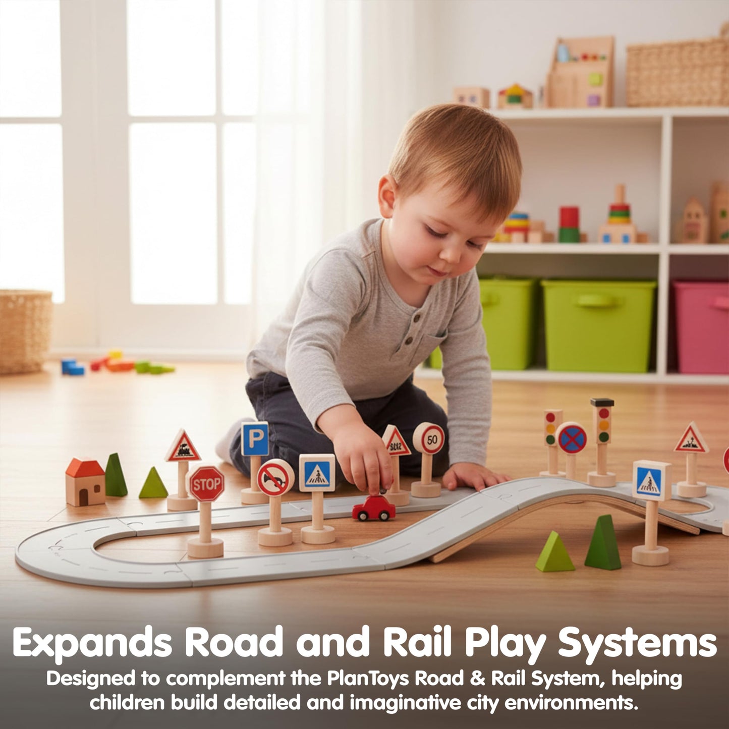 PlanToys® Traffic Signs & Lights Wooden Montessori Imaginative Play Set | Early Language, Social Skills and Real-World Awareness Activity | Eco