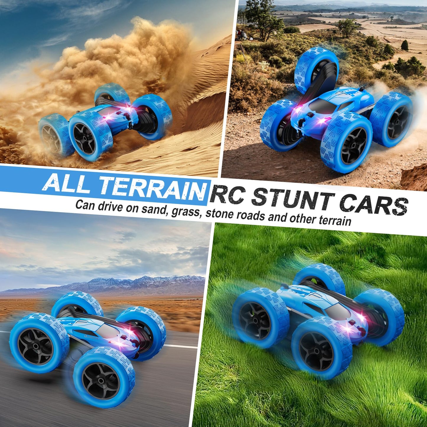 QUNREDA Remote Control Car, RC Cars Toys for Kids Ages 6-12, 4WD Stunt Car with LED Lights & 360° Flips, 2.4GHz, Upgraded USB-C Modular Batteries