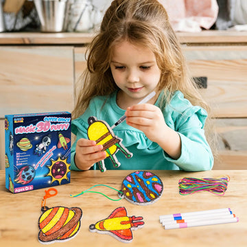 MakeBloom 3D Puffy Art Kit for Kids - Outer Space DIY Foam Painting, Mess-Free Craft, Paint by Number Craft,Keychains & Travel Gift Age 4-6(Space)