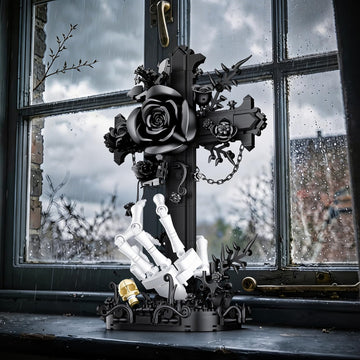 Tenhorses Gothic Cross Flower Building Set with Skull Hands, Crucifix Rose Skeleton Model, Dark Aesthetic Display Decor for Home Office, Halloween