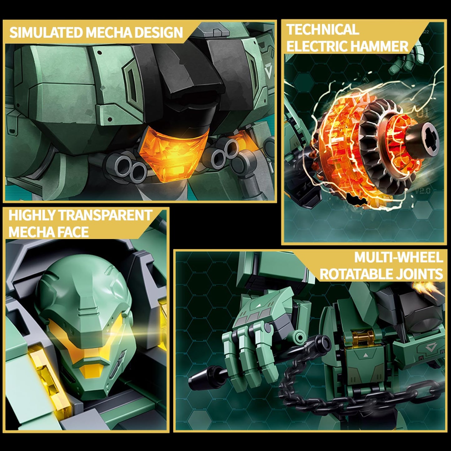 LQPFBSM Green Heavy Mecha Building Set 542 Pieces Armored Robot Action Figure with Meteor Hammer Weapon Articulated Military Warrior Model Kit Sci-Fi