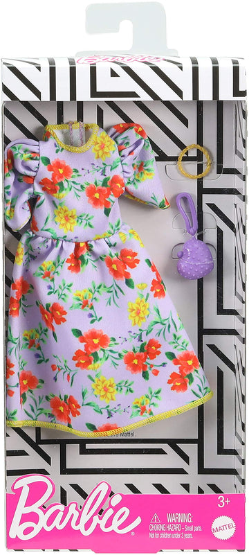 Barbie Fashion Pack with Orange & Yellow Floral Dress, Necklace & Heart-Shaped Purse, Doll Clothes for Kids 3 to 8 Years Old
