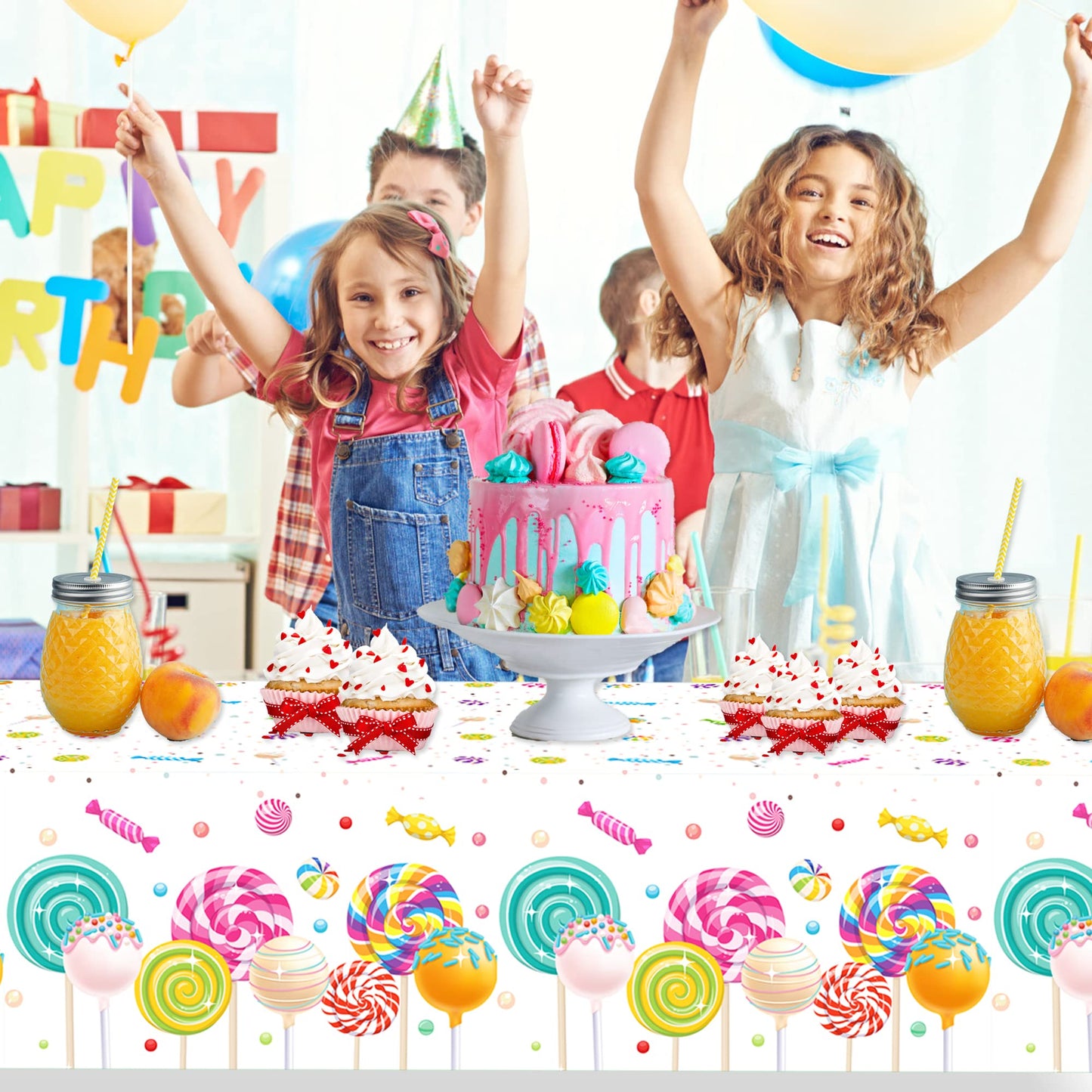 2Pcs Candyland Plastic Tablecloth Sweet Candy Candy Lollipop Tablecloth for Candyland Themed Birthday Party Baby Shower Decoration,54x87In (ZB231)